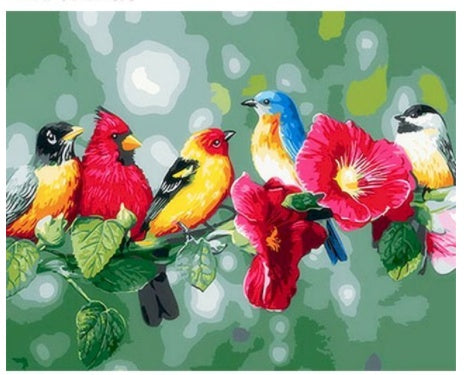 Acrylic Digital Oil Painting With Many Flowers And Birds